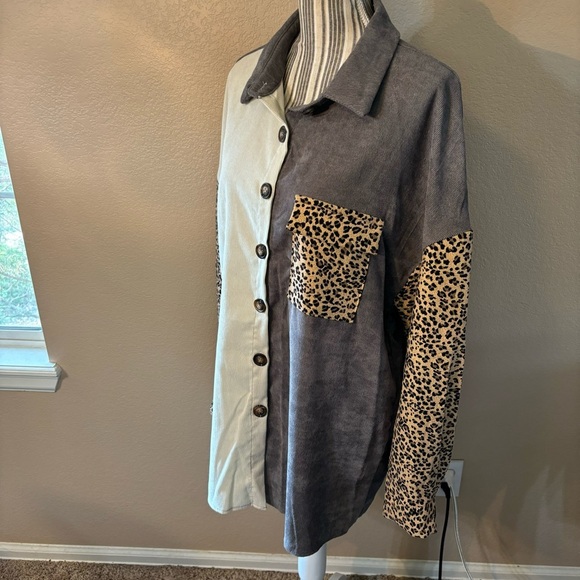 New SHEIN Shirt Two-Tone Leopard Button Down Cream Gray Ribbed Long Sleeve - Picture 7 of 14
